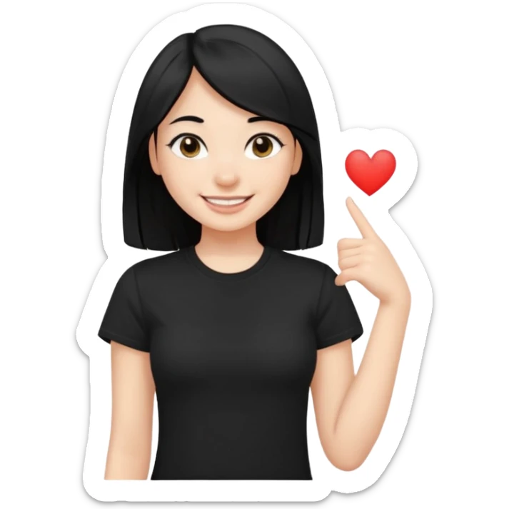 a pretty bratz fair girl with straight black hair, wearing a black tshirt, smiling sticker