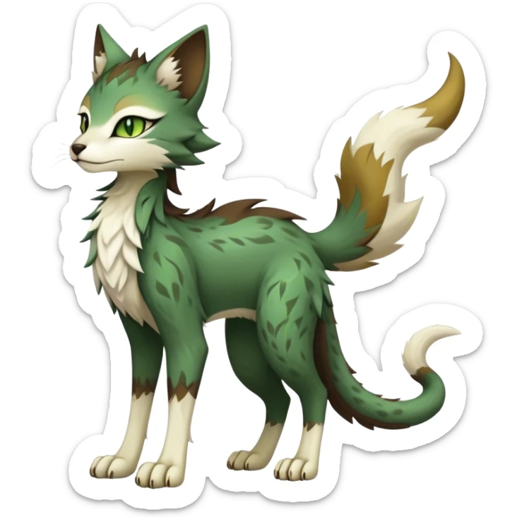 Kawaii dark edgy brown beige white fantasy ethereal feline-vernid-sergal-fursona animal creature with a tufted tail full body with intricate markings, hazel-gold-green eyes sticker
