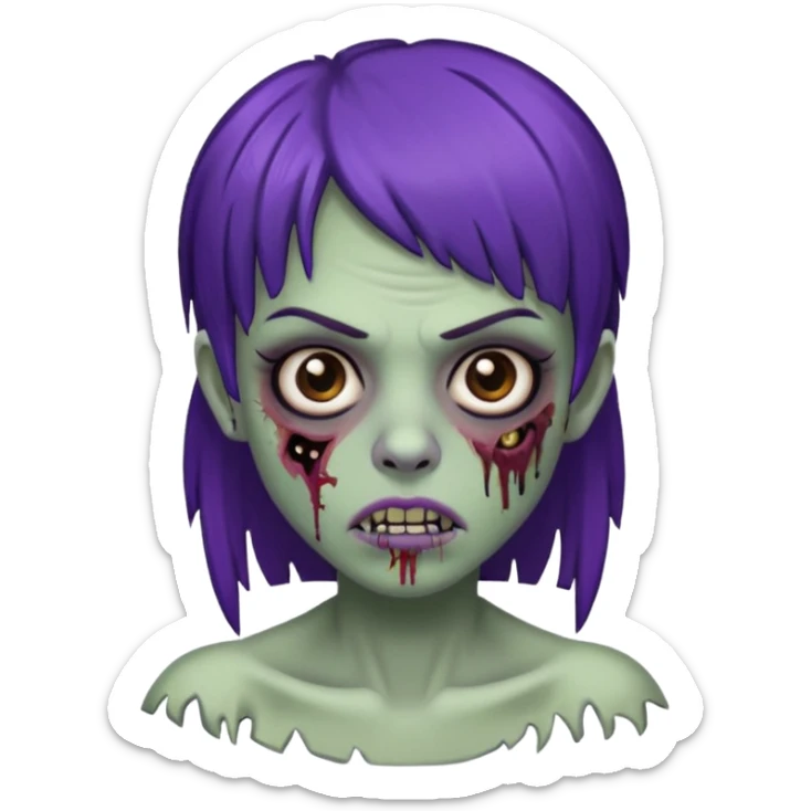 Quero uma zumbi com franja vegana piercing na sombrancelha no lado esquerdo e na boca e no nariz no lado direito cabelo castanho/preto com mechas roxas sticker