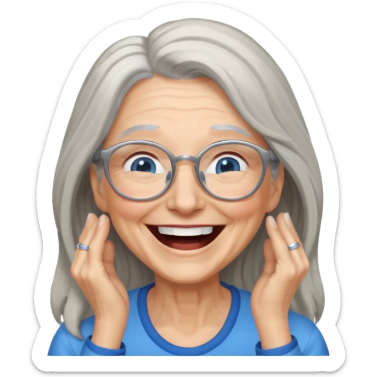Older woman with long gray hair and blue eyes and glasses laughing sticker