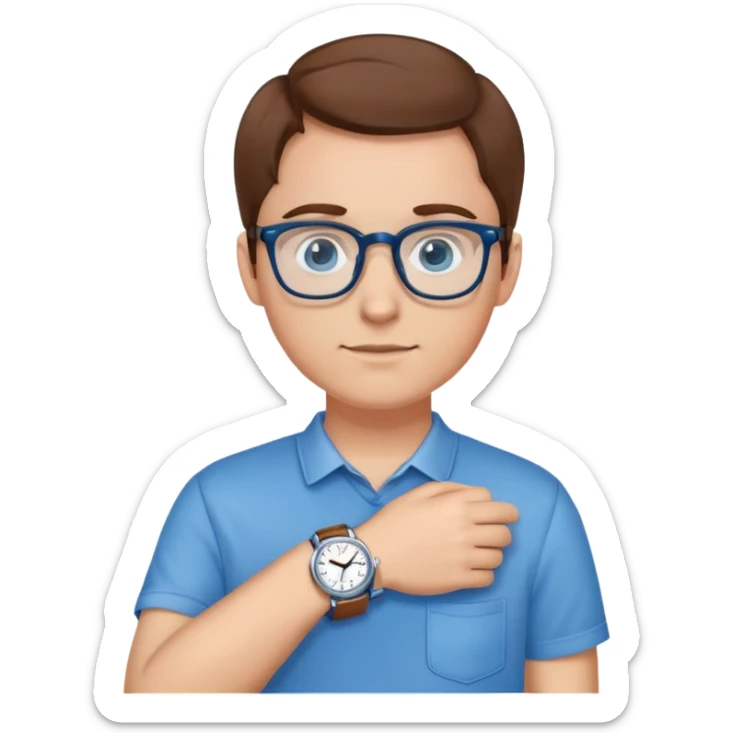 person with brown hair, blue eyes, glasses, wearing a blue shirt and a watch sticker