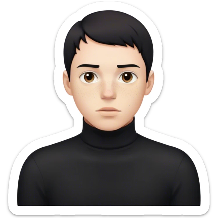 A young man with short, jet-black hair and pale freckles, wearing a sleek black turtleneck, staring blankly at the viewer sticker