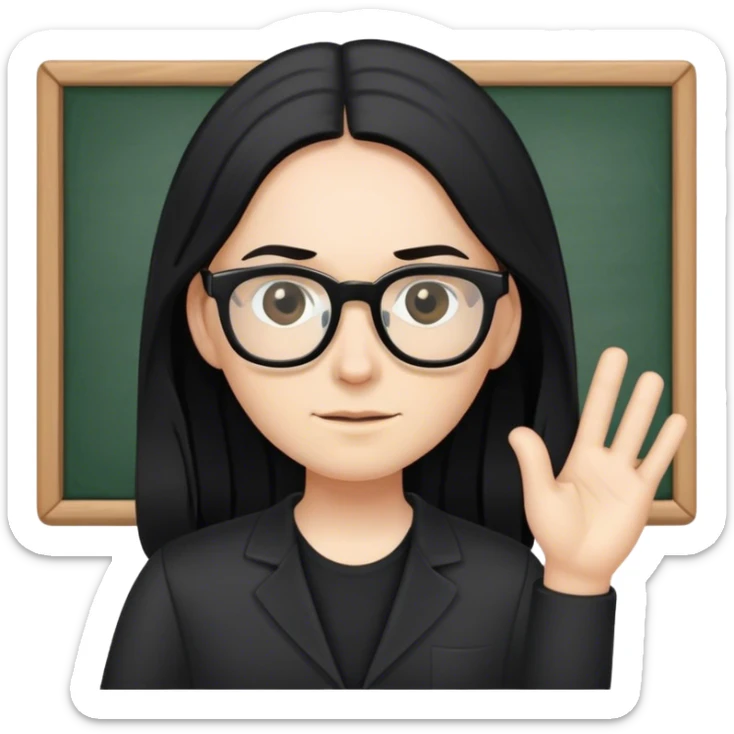 pale teacher with long black hair, wearing glasses and black shirt teaching sticker