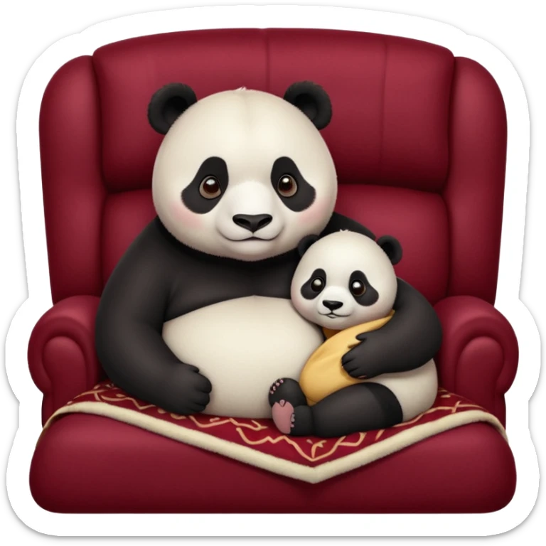  overweight female panda and adorable baby, snuggle on a realistic dark red velvet couch with a blanket, to watch a movie, couch is far too small for them. sticker