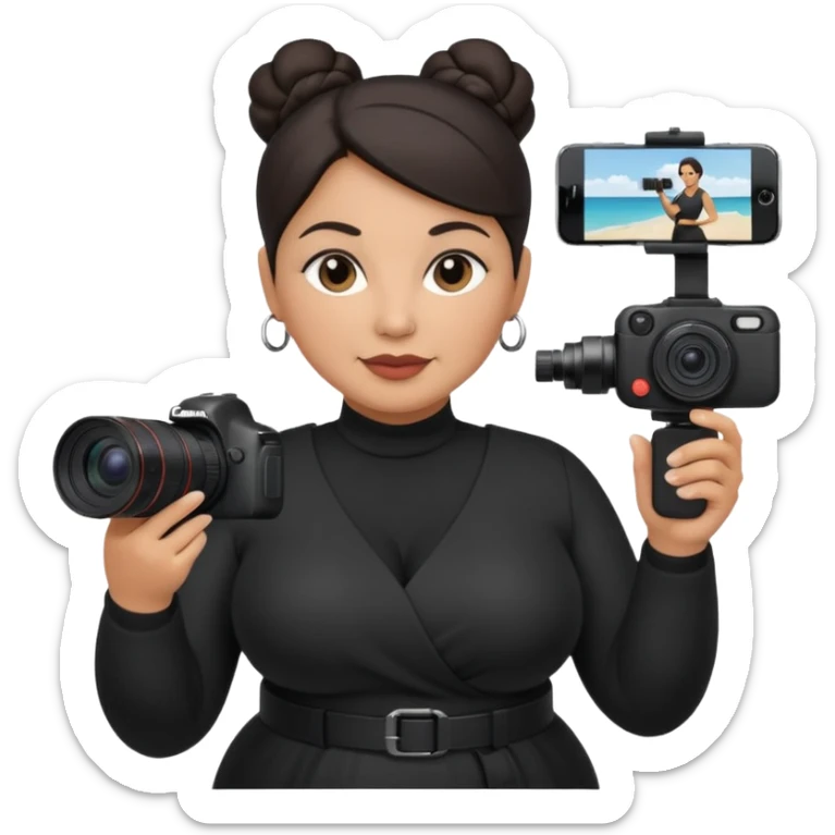 middle aged, latina plump woman photographer with dark hair, slicked back in a bun, wearing black clothes, carrying a canon r5, and an iPhone on a gimbal sticker