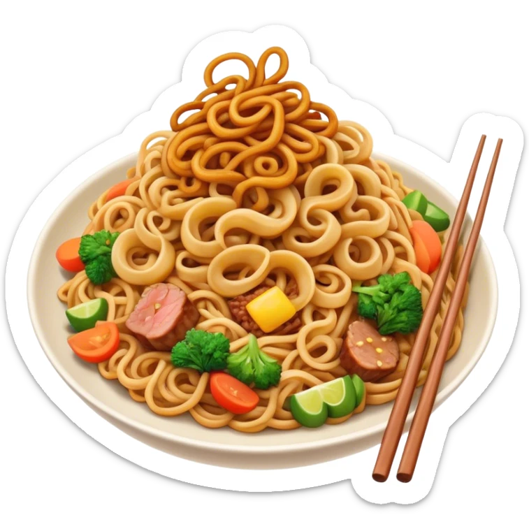 Cinematic Realistic Mie Goreng Dish Emoji, featuring stir‚Äêfried noodles with vegetables and meat rendered with dynamic textures and warm, appetizing lighting. sticker