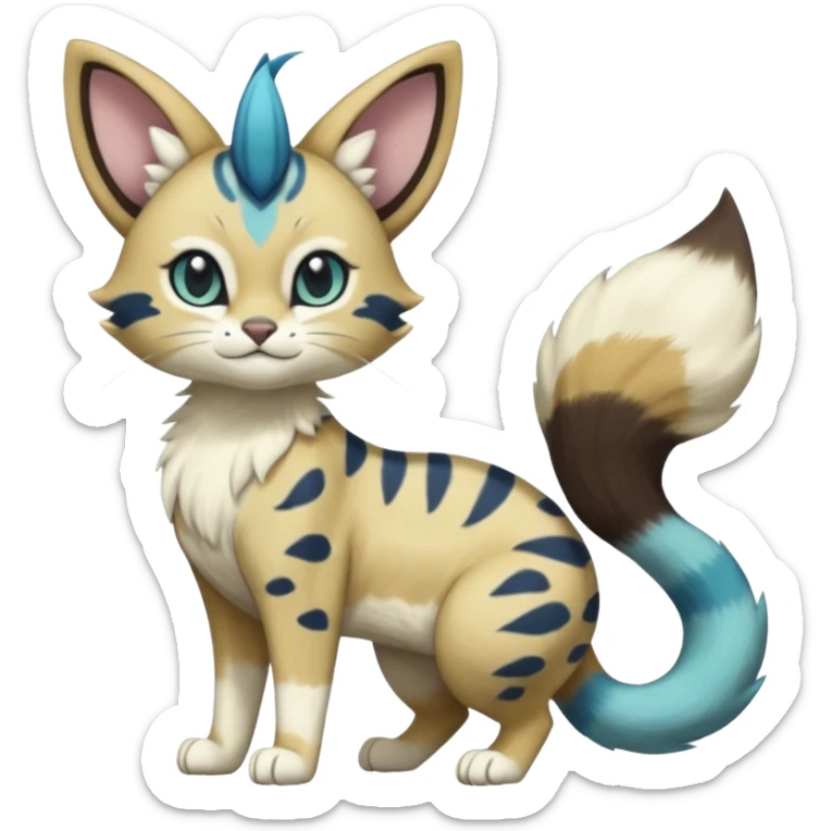 Cobalt-Blue green turquoise black white Purloin-Meowth-Meowstic-Minccino-Cinccino-serval-furret-Noibat-caracal-fusion-hybrid-creature (full body) sticker