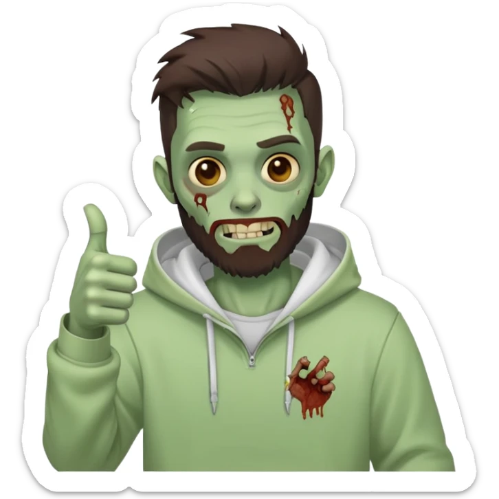 zombie with thumbs up gesture, undercut hairstyle with dark brown hair, short full beard, wearing plain white hoodie sticker