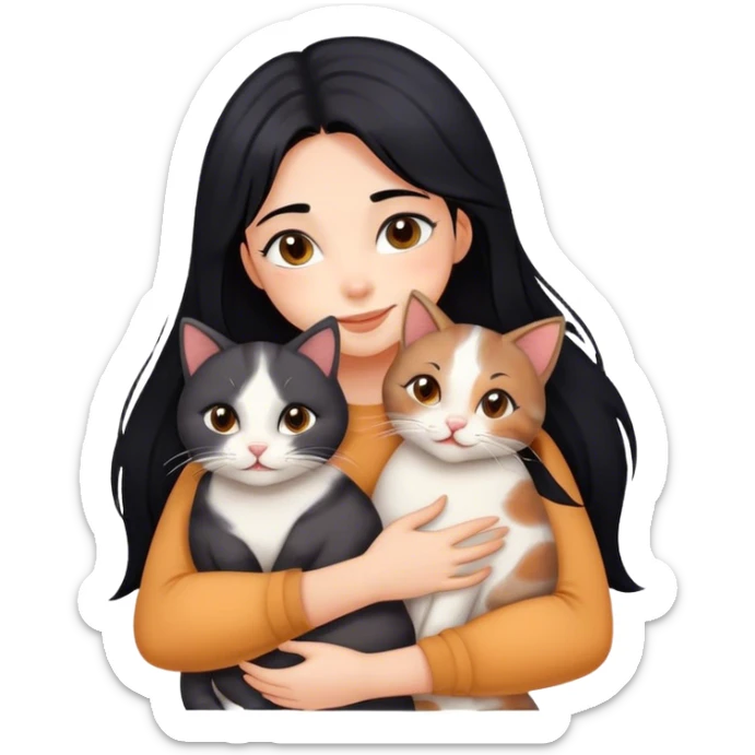 happy girl with black hair hugging three cats  (dark calico cat, gray cat, brown calico cat) sticker