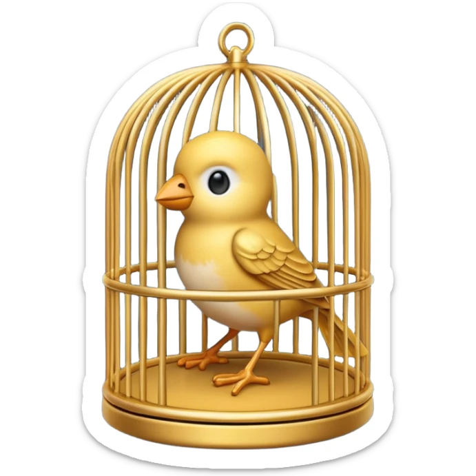 “3D emoji of a small bird inside a golden round cage, in Apple Memoji style. Soft studio lighting, glossy finish, black background, minimalistic and centered composition.” sticker