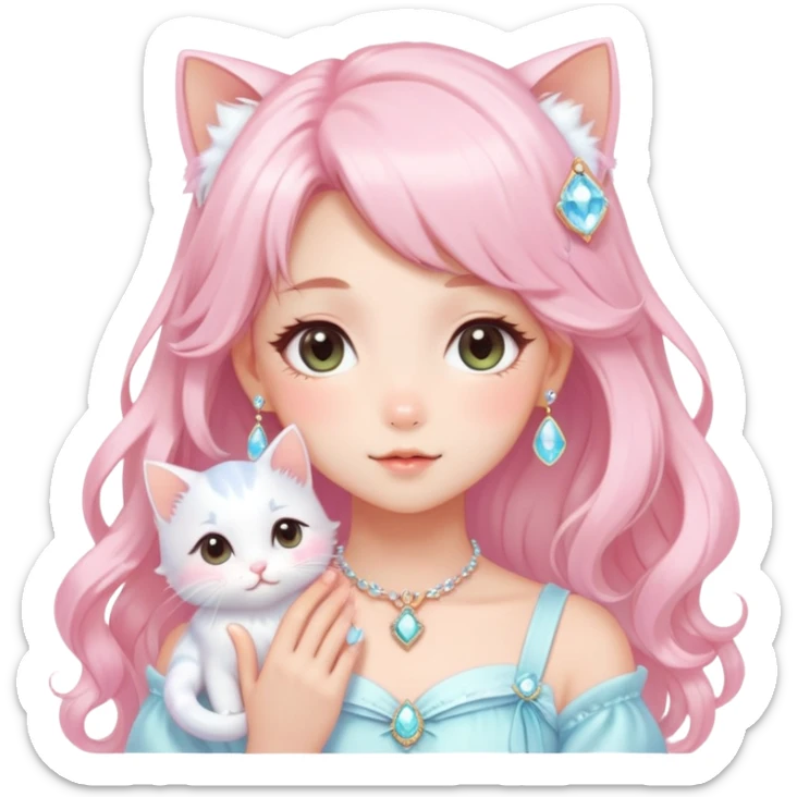  dreamy-pretty-elegant-kawaii-shiny-blushing-shy-pastel-lady-kawaii-beautiful-hair-naturecore-fairycore-cottagecore-jewels-trending-aesthetic -kitten sticker