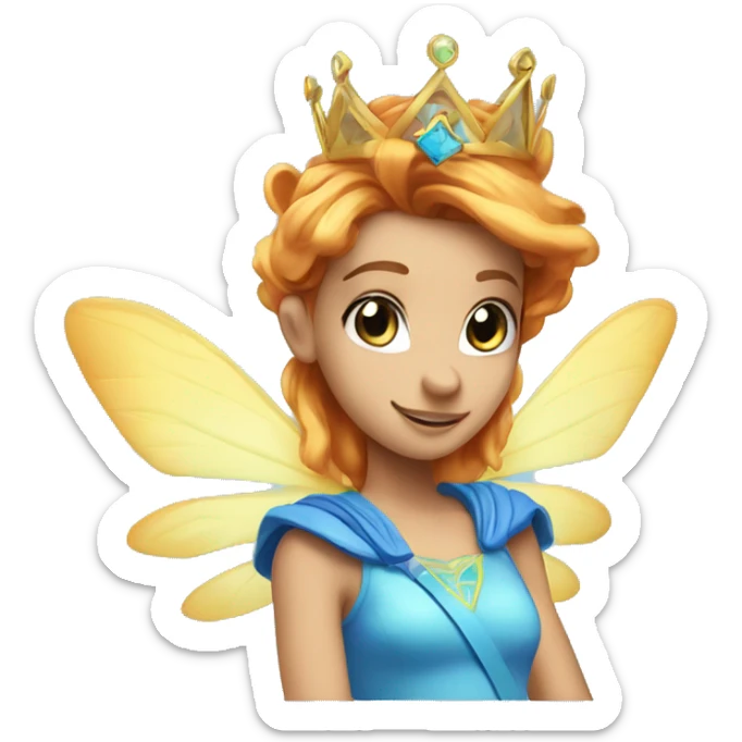 bloom winx fairy with rad hair and blue eyes and in blue shirt with wings and crown sticker