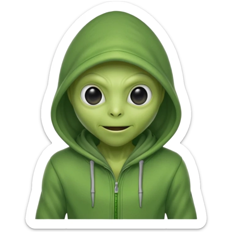 green alien in gray hoodie full height, wear hoodie hat, happy sticker