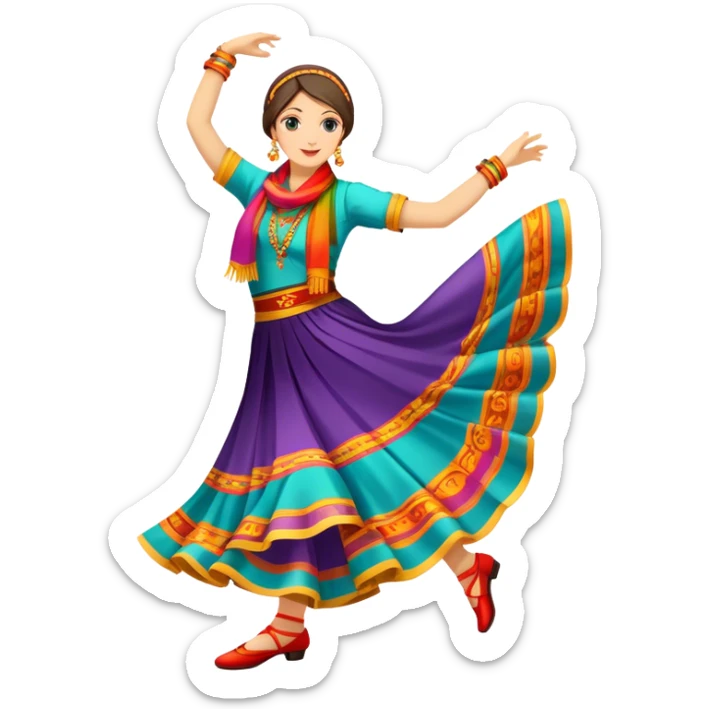 Humanless Icon for Folk Dance: traditional folk dance shoes, a colorful scarf, and a vibrant dance floor. The icon should capture the energy and cultural richness of folk dancing, with emphasis on movement, rhythm, and traditional attire. Transparent background. sticker