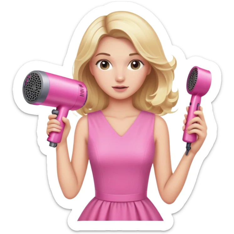 blonde woman in pink dress holding a pink Dyson hairdryer, hair blowing sticker