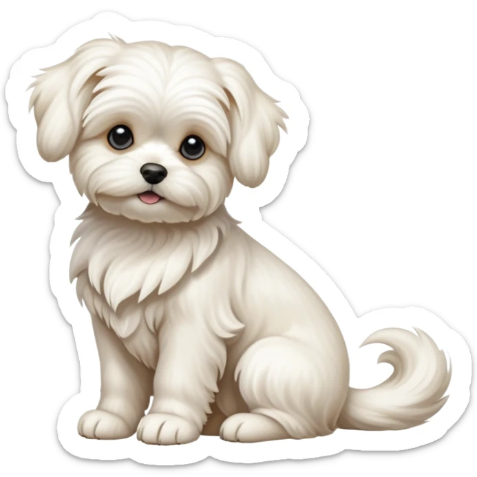 detailed-[Maltese dog]-realistic-full-body-sitting-emoji,-tail-resting-loosely-beside-its-paws,-head-tilted-dramatically, -wavy-[cream white]-fur,-simplified-yet-realistic-focused-features,-highly-detailed,-glowing-with-an-almost-sarcastic-glow sticker