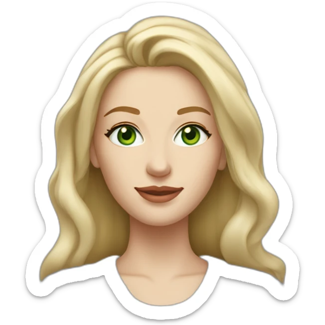 medium blonde woman with shoulderlenght hair, green eyes, long face, pale skin, silver earrings wearing a grey sweater sticker