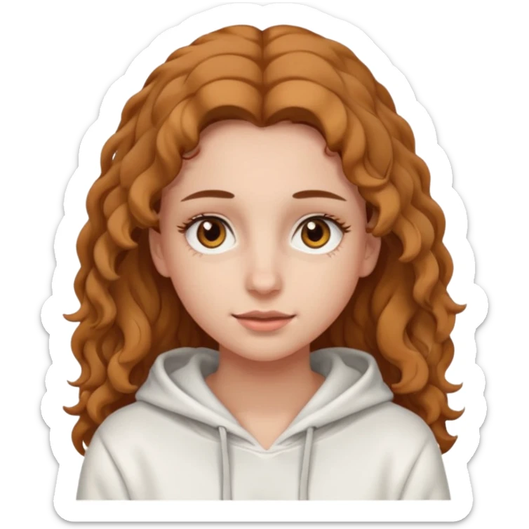 Una ragazza con una felpa semplice bianca,ha gli occhi marroni,i capelli marroni chiaro , c’è gli ha lunghi e ricci ma non troppo e ha le ciglia stile emoji apple sticker