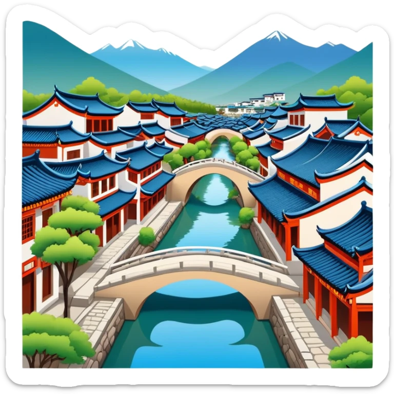 Lijiang Ancient Town Yunnan with canals and bridges, simplified emoji style with bold outlines and bright colors, cartoon style traditional Chinese old town sticker
