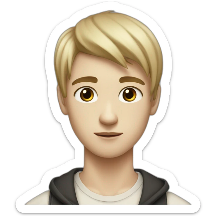 realistic teenager with white skin.  he has very black hair.  He has bangs to the right, his eyes are black, he also has a beige T-shirt, he is tall, he has an elongated neck and head sticker