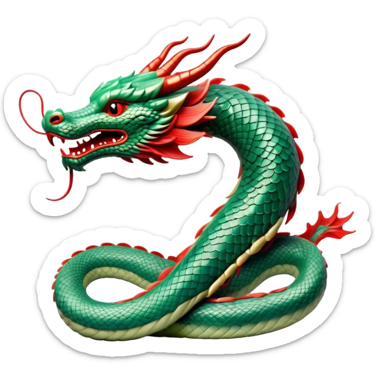 Cinematic Noble Chinese Serpent Dragon Portrait Emoji, Poised and majestic, with a sinuous, serpentine body adorned in intricately detailed scales of shimmering jade and soft vermilion, accented by delicate cloud motifs and subtle water ripple patterns; rendered with lifelike texture and gentle natural highlights, high shine, wise and enigmatic, styled with an aura of ancient dynastic grace, focused and regal, soft glowing outline, capturing the essence of a revered celestial dragon that appears ready to glide gracefully through the mists of time! sticker