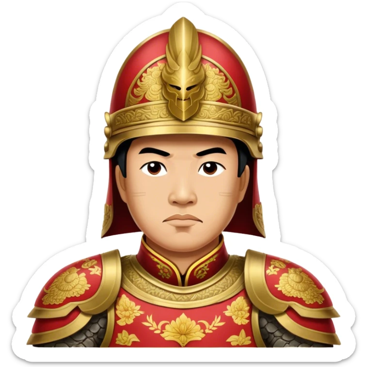 Trần Hưng Đạo – Cinematic Realistic Portrait of Trần Hưng Đạo, depicted as a revered Vietnamese general in traditional armor with a determined gaze, rendered with intricate historical textures and dynamic lighting that highlights his legendary martial spirit and leadership. sticker