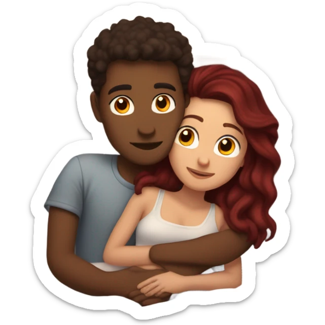 Burgundy haired girl and brunette boyfriend cuddling in bed sticker