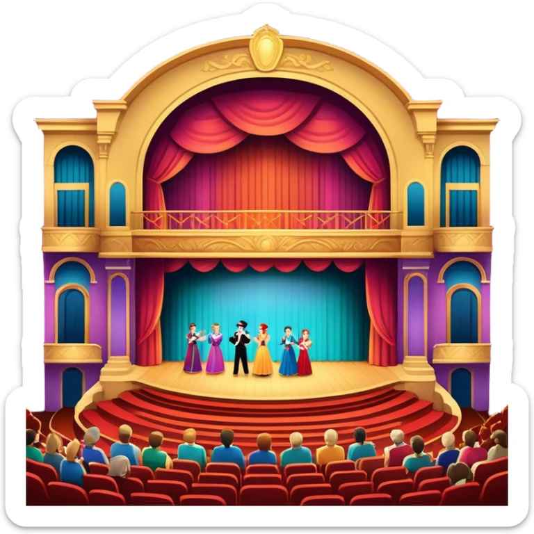 An icon showing a grand theater stage with actors performing in a vibrant play, surrounded by dramatic lighting. The audience watches from colorful balconies, adding to the lively atmosphere. The design captures the magic of live theater, set against a transparent background. sticker