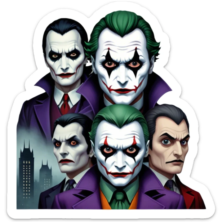 Thriller Movie Icon: A dark, intense collage with close-up images of iconic thriller characters like 1 Joker, 1 Hannibal Lecter, and 1 Vlad Dracula. The background features a moody Gotham City skyline, with shadowy figures and fog. Atmospheric, suspenseful tone. Transparent background. sticker