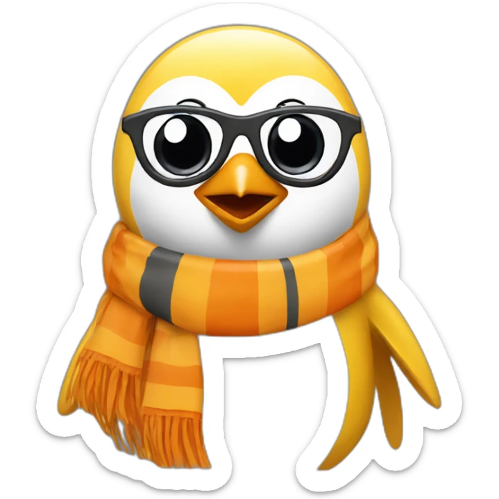yellow penguin with black glasses blonde hair with orange tshirt and gray striped scarf sticker