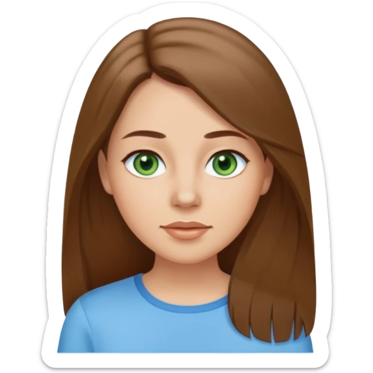 Adult woman avatar, light skin tone, oval face, straight long brown hair, green eyes, neutral mouth, sky blue top sticker