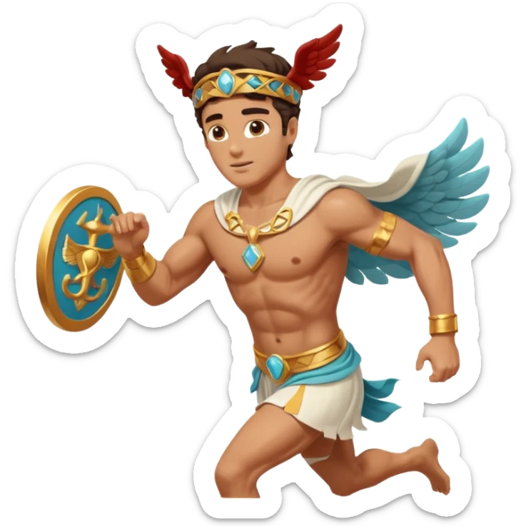 a guy (hermes) running with his caduceus and a petasos on his head in a greek tunic sticker