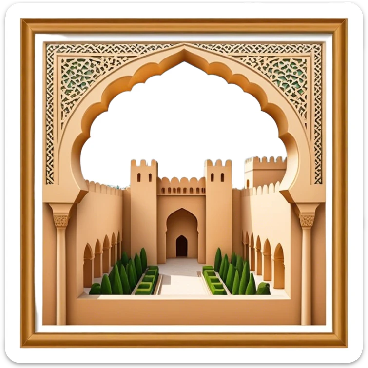 Realistic Alhambra de Granada Landmark Emoji, showcasing the Moorish palace’s intricate arches, geometric patterns, and historic fortress walls. sticker