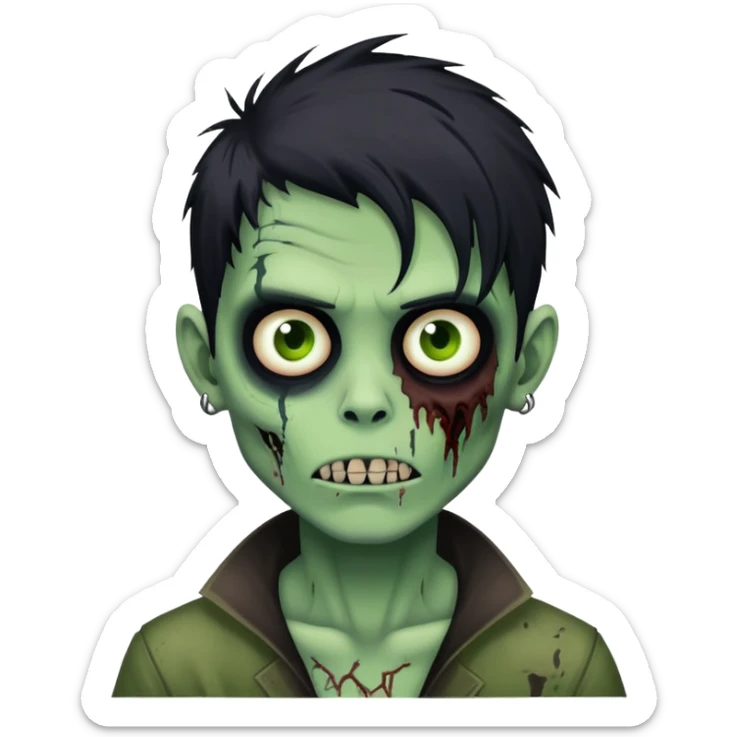 brunette zombie boy with horror green skin and long black messy hair sticker