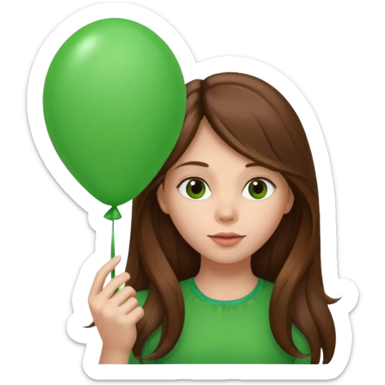 girl with long brown hair, holding green balloon sticker