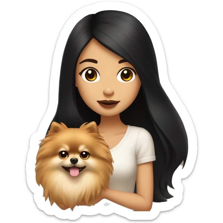 A girl with long black hair, light brown eyes, big lips, she has fair skin, holds a light pomeranian in her hands sticker