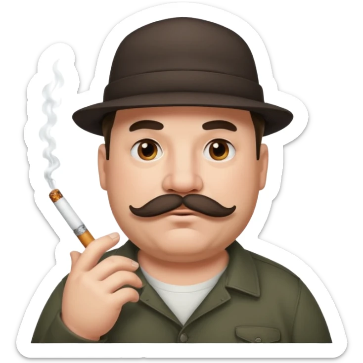 a fat father in a flat-brimmed cap with a tattoo, a cigarette in his mouth, and a mustache. sticker