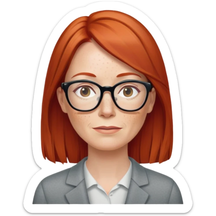 middle age Red head with freckles long straight hair pale skin wearing glasses sticker