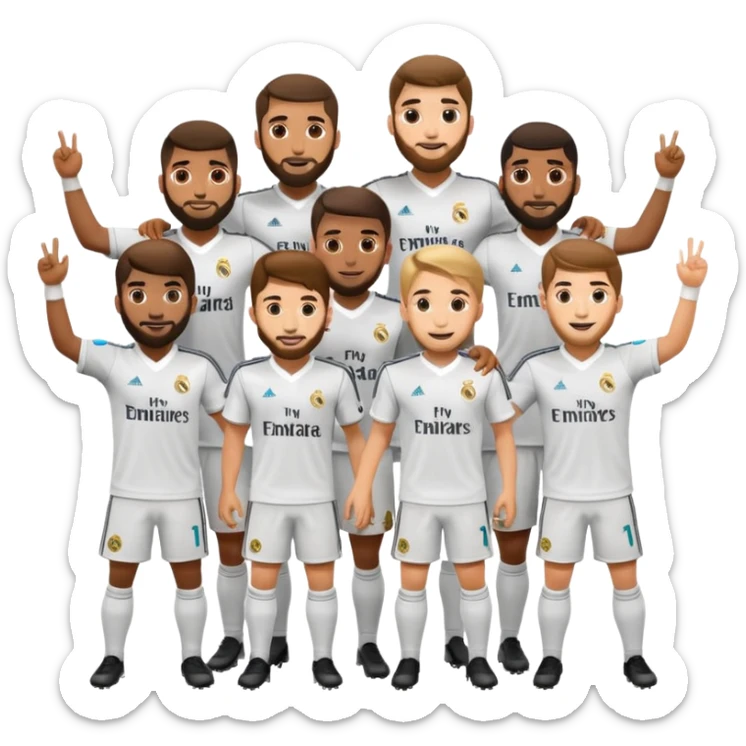apple style emoji of a group of Real Madrid football players as a squad celebrating together with energetic poses sticker