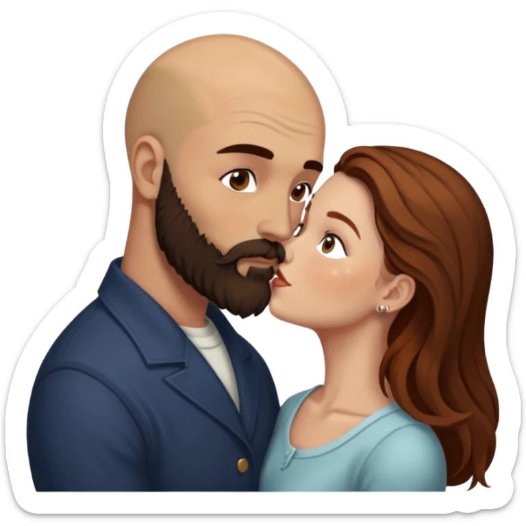 Couple. Bald man with dark brown-black beard. White woman with many small, faded freckles, she has white skin and she has auburn-brown-cinnamon, dark long hair. She has light brown eyes. The man have hazel eyes. She have light eyes. Retro style. She kisses him. Dark akademia. sticker