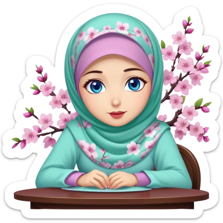 Turkish beautiful finish Konya girl blue eyes with cherry blossom floral purple and mint hijab islamic dress and with yummy Drooling face on the table sticker