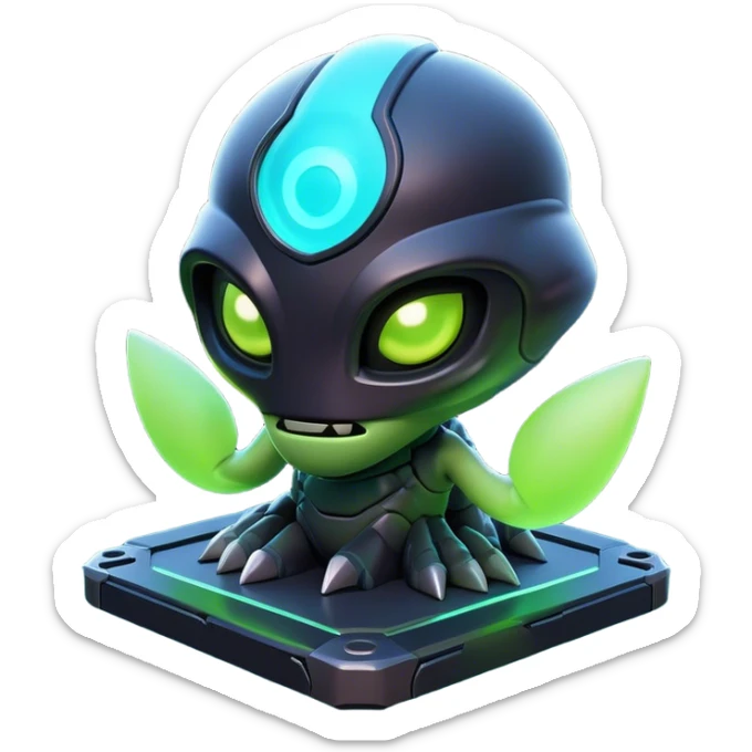Clash of Clans aesthetic: Cinematic Playful 3D Isometric Alien Emoji, rendered in a 3D vector-style similar to standard emojis with minimal shading and bold, simplified shapes. A compact, distinct form with signature details, softly glowing with a futuristic sci-fi warfare charm. Simplified yet unmistakably iconic, highly detailed and consistent, glowing with a soft radiance and high shine. Stylized with a touch of high-tech brilliance and a soft glowing outline, capturing the essence of a beloved gaming relic with a friendly, playful manner! sticker