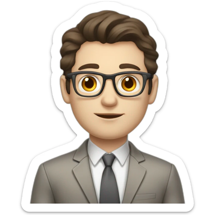 Pale skinned fit man with dark brown hair in gray jacket, beige office shirt, brown tie, brown pants and vintage glasses Writing on the flipchart sticker