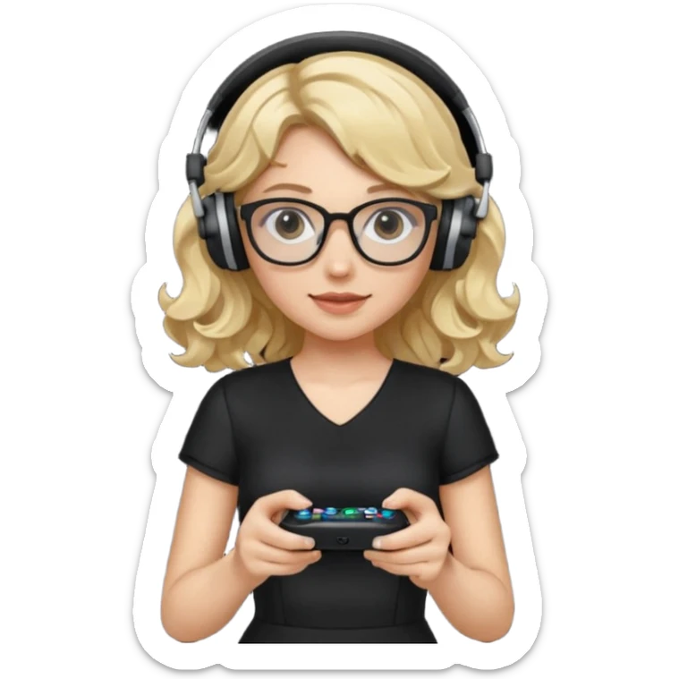 
gamer, woman with blond wavy hair, tight black dress with a white line with glasses, headphone, gamepad sticker