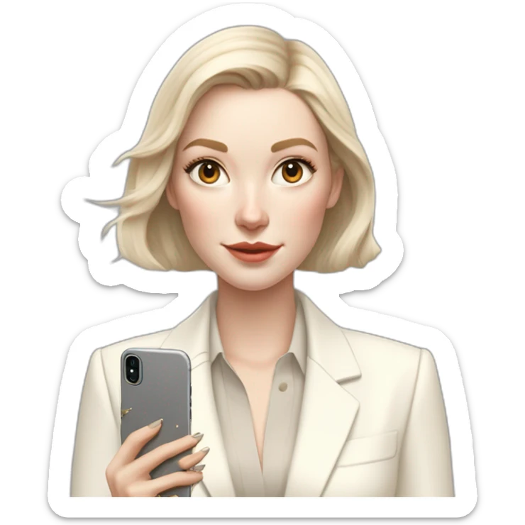 pale skin woman with ash blonde Straightened bob Hair, White Spacious classical jacket, beige palazzo Arrow pants and gray blouse holding white IPhone 15 pro in the hands sticker