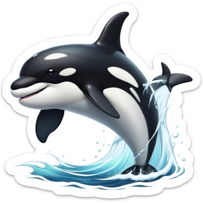 Cinematic Noble orca Portrait Emoji, Poised and majestic, with a sleek, streamlined black-and-white body, piercing intelligent eyes, and a powerful, commanding presence, Simplified yet sharp and sophisticated features, highly detailed, glowing with a soft oceanic radiance, high shine, intelligent and formidable, stylized with an air of deep-sea dominance, focused and alert, soft glowing outline, capturing the essence of an apex predator that appears ready to surge out of the waves with effortless authority! sticker
