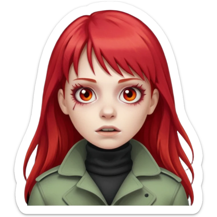 Crie um emoji de uma menina zumbi  com o cabelo vermelho longo com uma franja reta casaco de gola alta da adidas sticker