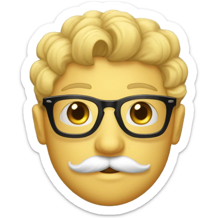 Garçon homme avec une petite moustache chveux boucles lunettes avec monture transparent et cheuveu mi long boucle avce t shirt noir sticker