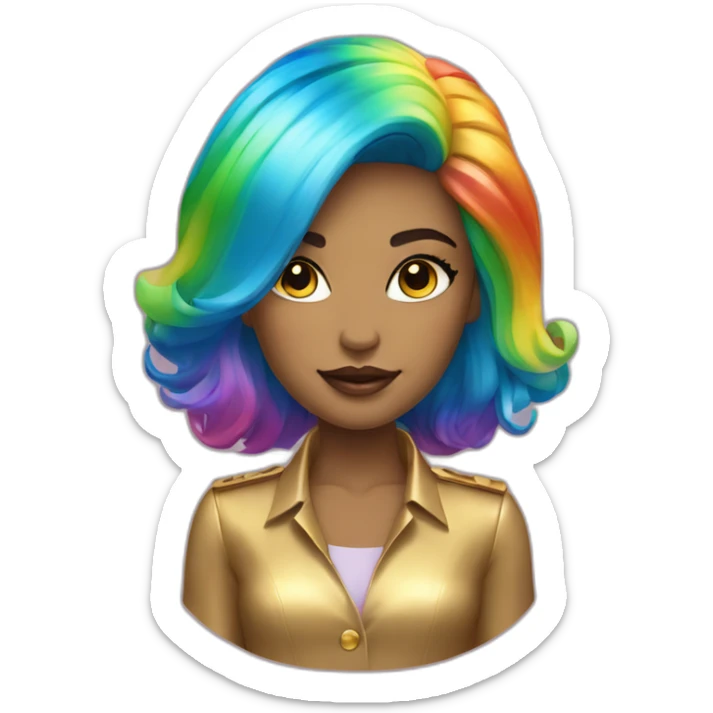 Posh-girl-with-golden-suit-and-blue-eyes-and-rainbow-unicorn-hair sticker