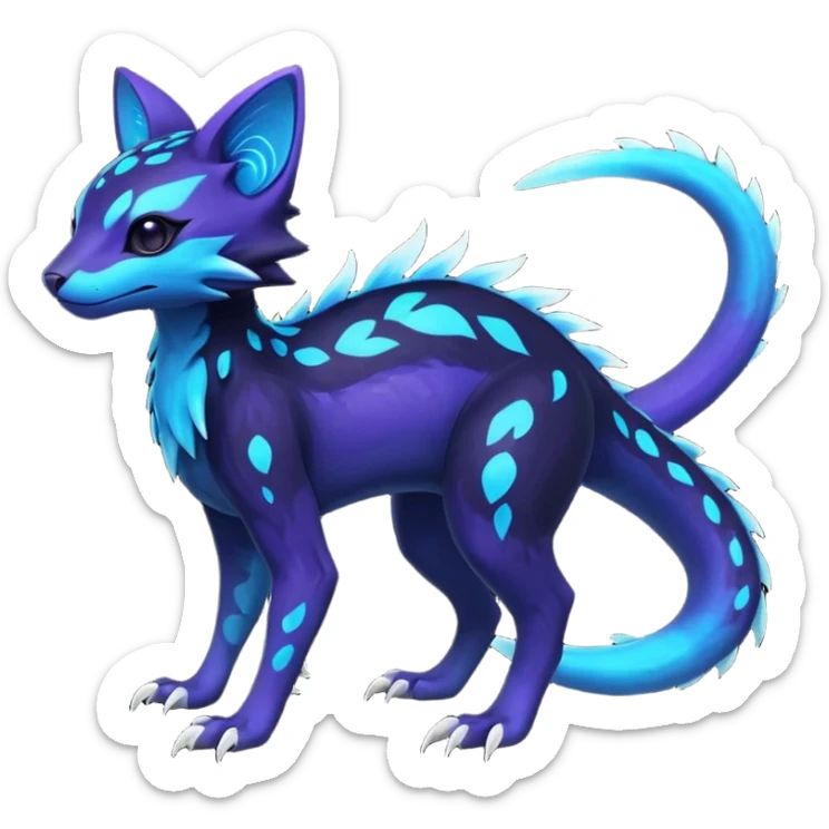 Rare realistic dark black with glowing blue bioluminescent edgy badass epic pretty beautiful handsome gorgeous aesthetic colorful vibrant Vernid-Trico-Amaura-species-Fakemon-creature by LiLaiRa, 4 legs, 1 tail, random markings, (full body) sticker